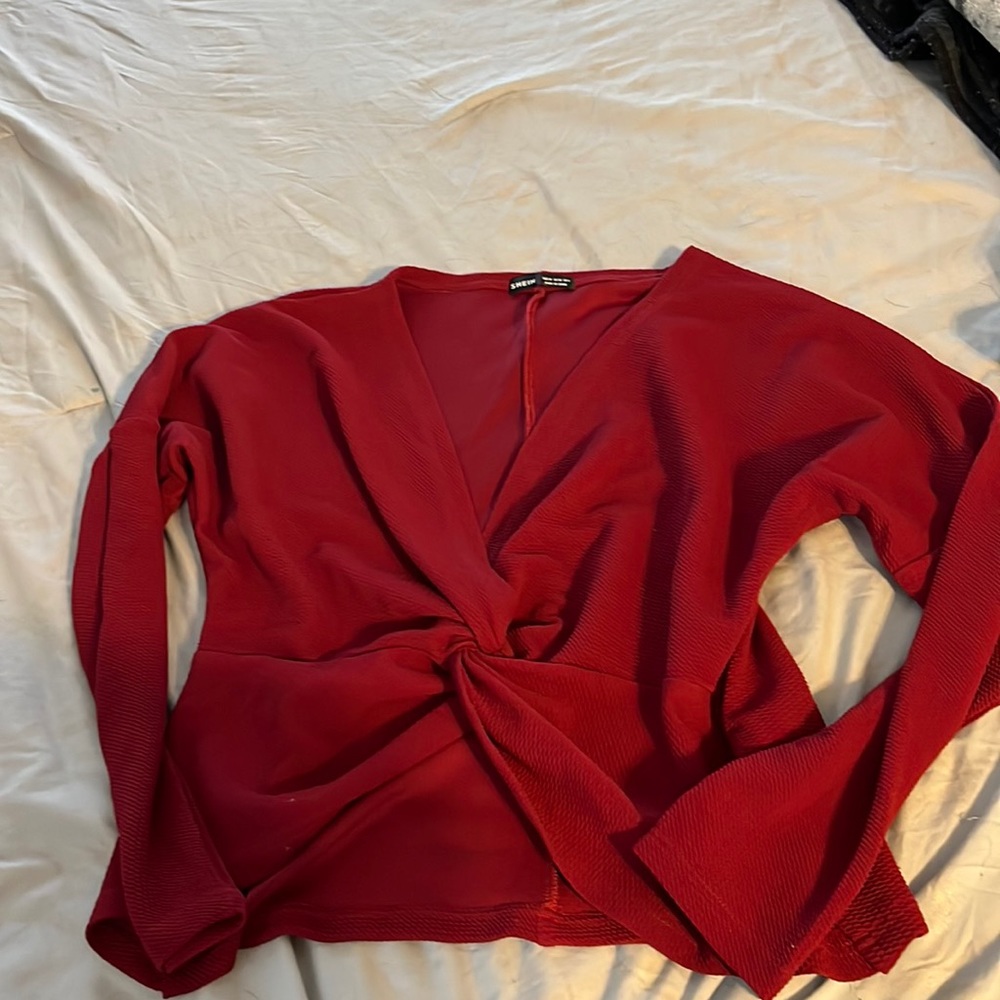 shein crisscross front burgundy, long sleeve top